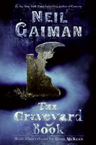 The book jacket to The Graveyard Book, written by Neil Gaiman and illustrated by Dave McKean.