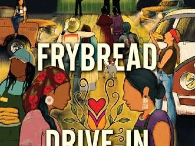 Two Indigenous people pass a plate for Frybraed between each other as others cather down a dirt road to share food.