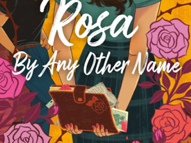 A teenage girl holds a journal full of papers and photos behind her back.