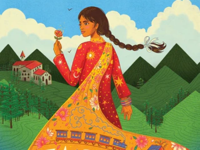 A young Indian Muslim girl in a red dress with a yellow scarf holds a rose. She stands in the water that turns into green mountains in the background.