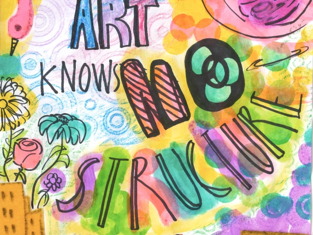 Brightly colored whimsical image made with paint, texture plates and felt.