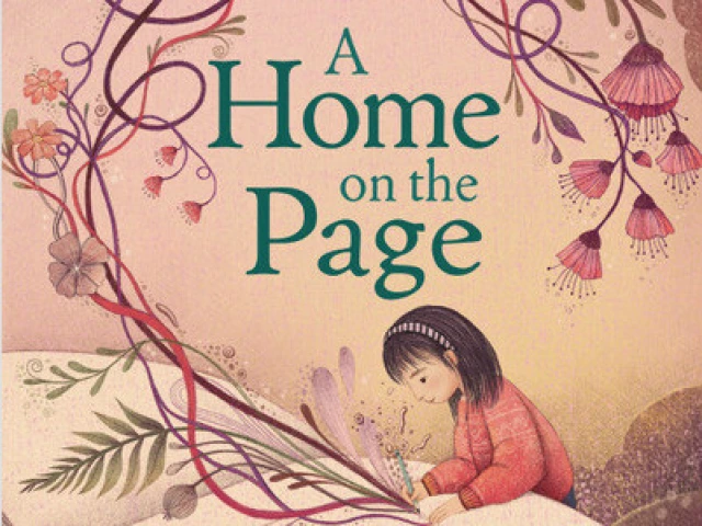 A young girl writes in a giant book. Plants sprout from where she writes.
