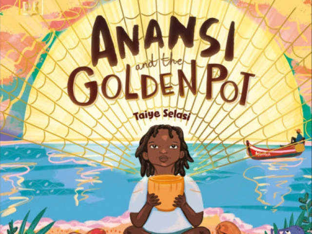 A Black boy sits on a beach holding a golden pot.