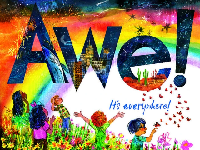 Children in a field of flowers stare up at a giant rainbow.