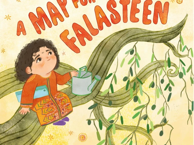 A young girl with dark hair and wearing a traditional thobe holds a watering can as she sits in the branches of an olive tree and looks into the distance.