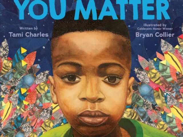 Cover of All Because You Matter depicting a young black boy looking out to the viewer with colorful leaf cutouts in the background.