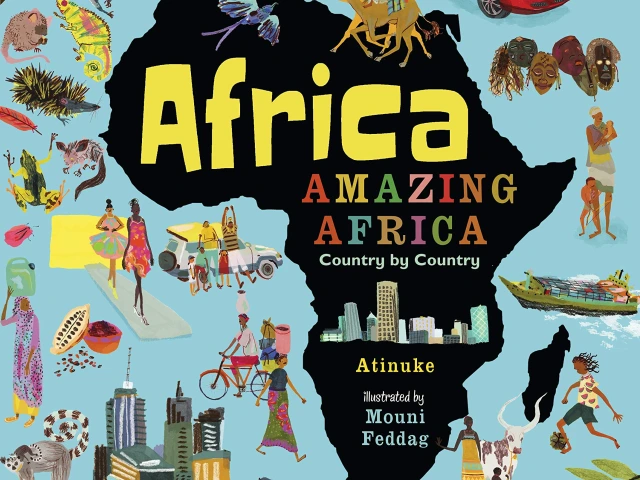 A silhouette of the African continent surrounded by people, cities, insects and animals all found within in.