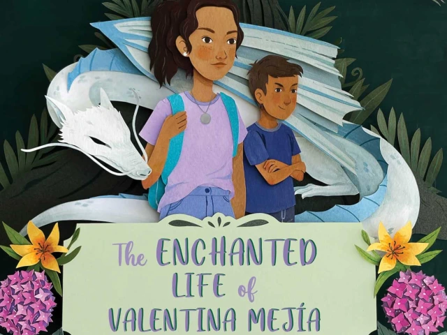 A young girl and her little brother are surrounded by a shite dragon. A faceless dryad with glowing eyes looks at the viewer above them.