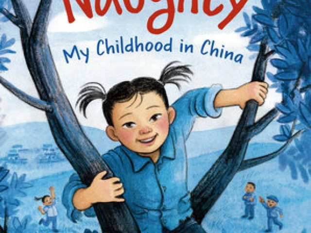 A young Chinese girl climbs a tree with a big smile.