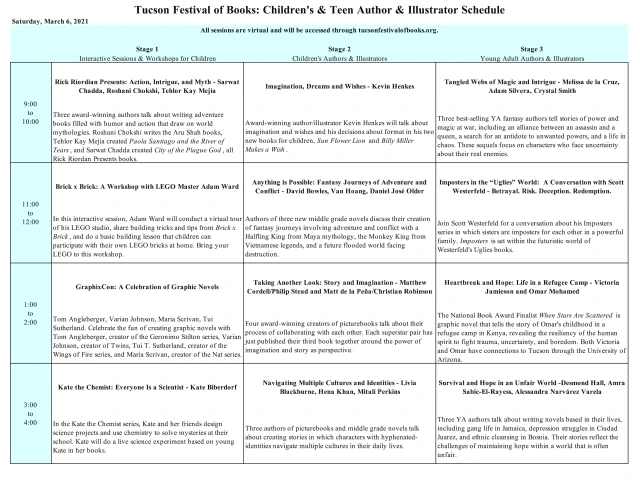 This table is text heavy. For schedule details, visit tucsonfestivalofbooks.org.