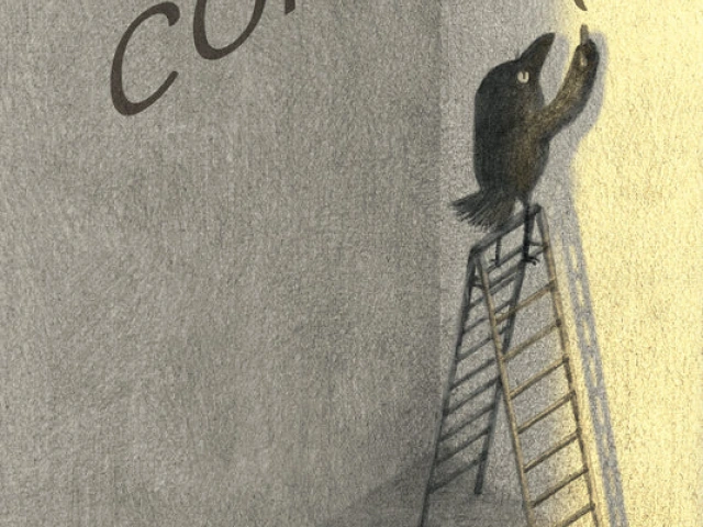 A crow stands on a ladder in the corner of a concrete room, holding chalk.