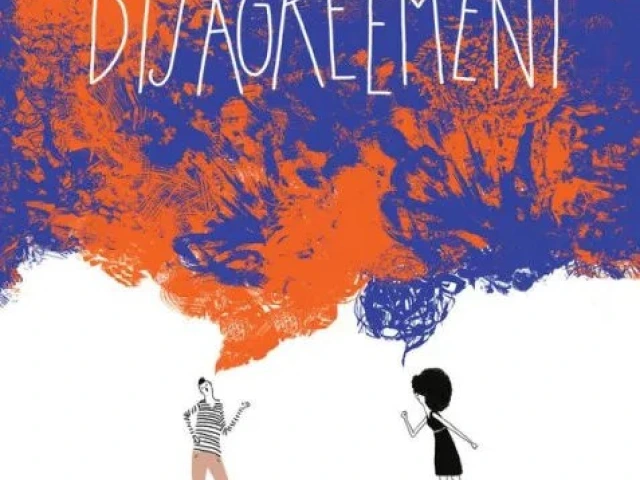 Two people argue with each other, their words turning to blue and orange that mix together.