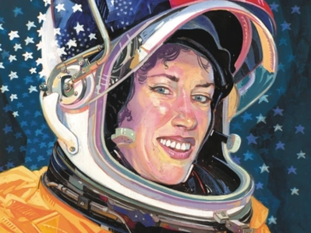 A smiling woman dressed in a bulky spacesuit