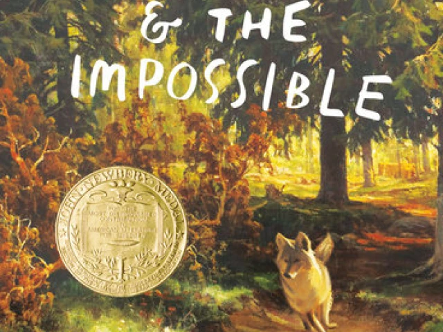 A coyote runs through a lush forest.