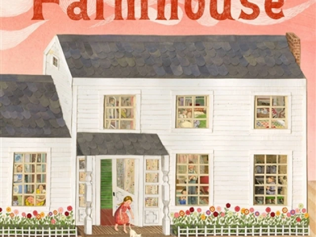 A young girl runs out of a white house with a gray roof.