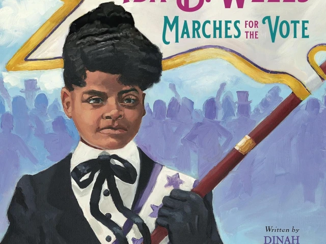 An African American woman wearing a patriotic sash holds a banner flag