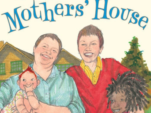 A family stands smiling in front of their house. This family consists of two white mothers, a Black girl, an Asian boy, and a white baby.