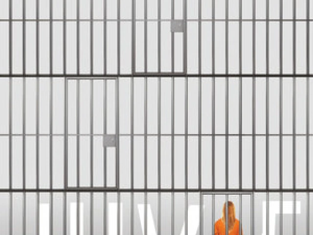 Cover of Juvie depicting empty cells on three levels, with the bottom level holding a young woman in an orange prison jumpsuit replacing the I in Juvie.