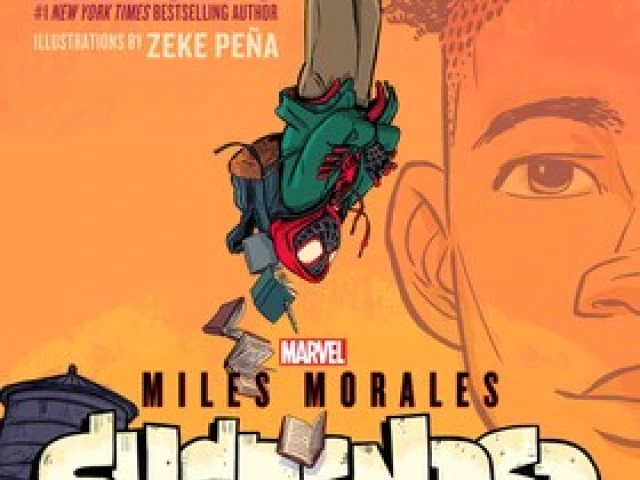 Miles Morales as Spiderman hangs over the New York skyline upside down while books fall out of his backpack.