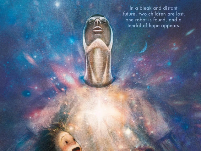 Two children look up in delight as an android projects an image of the cosmos from its chest.