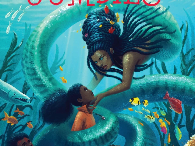 Black child is enveloped in a Black mermaid's serpent-like tail