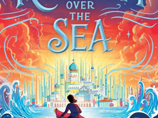 A young girl on a red flying carpet flies towards a Middle Eastern castle over the sea.