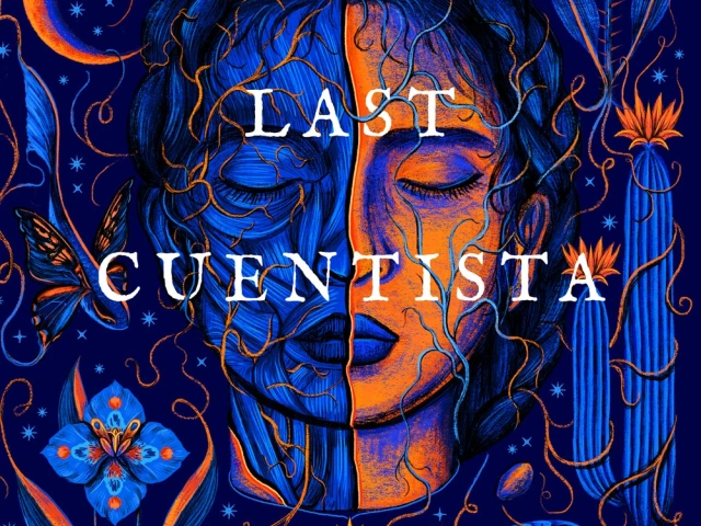 Sleeping girl in half light half dark surrounded by images including a spaceship and desert flora imagry