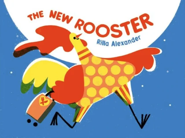 A bright rooster runs while pulling a suitcase on wheels behind him