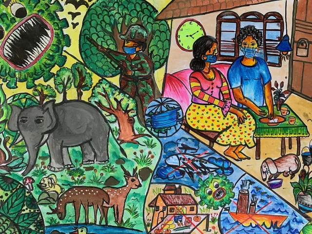 This self portrait has four sections depicting community attempts to spray public areas, family life, activities no longer allowed, and wildlife. A covid molecule menaces all the scenes from the upper left corner.