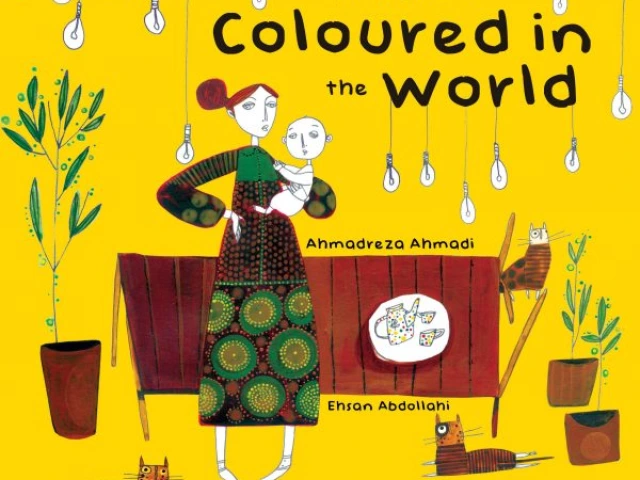 Cover art for When I Coloured in the World is a flattened illustration of a woman holding a baby in front of a dining room table with edison bulbs hanging from the top of the book, two plants and three cats filling the room.
