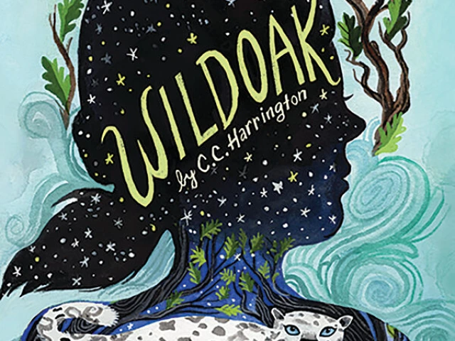 A sihlouette of a girl is filled in with starry night sky. A snow leopard fills the space of her shoulders.