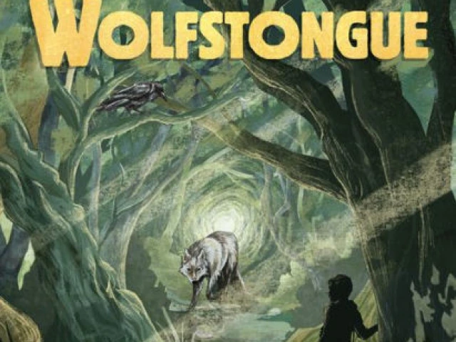 A large wolf in a forest walking towards the viewer. In the foreground is the silhouette of a young boy.