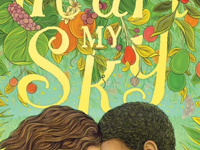 Book jacket depicts a young girl and boy with their heads together under a garden canopy of produce.