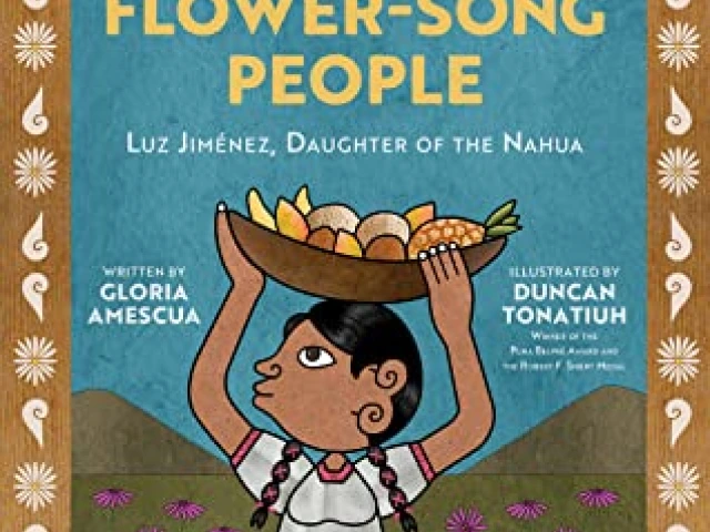 A young girl with braids holds a basket full of fruit on her head. She stands in front of a field of pink flowers, and two mountains in the background frame the cover.