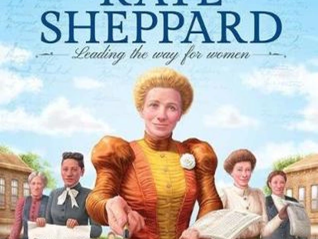 Cover depicts woman in Victorian era clothing with sufferagettes behind her