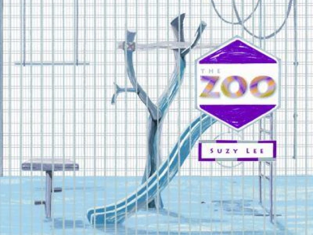 Looking through cage wires at a zoo enclosure that includes a climbing aparatus and a slide