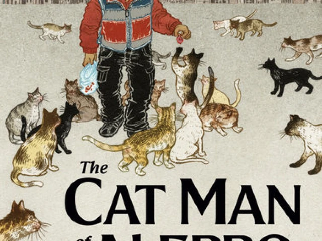 Cover of The Cat Man of Aleppo, depicting a man in a red and grey jacket surrounded by cats with a city in the background.