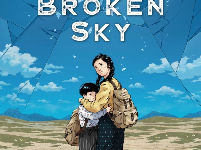 Cover of Under the Broken Sky which depicts two young Japanese girls carrying backpacks and embracing each other, looking out to the viewer on a background of desert and blue sky.