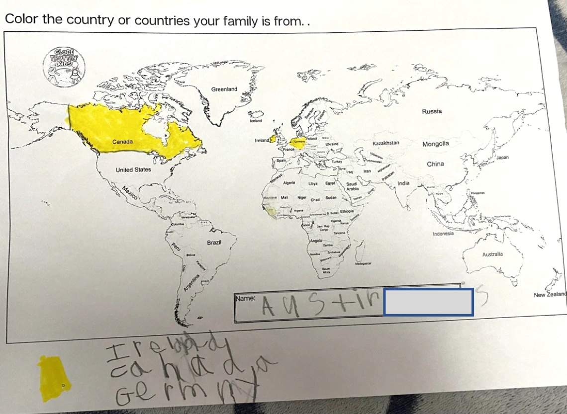 Austin’s map of his family’s origins before coming to the United States