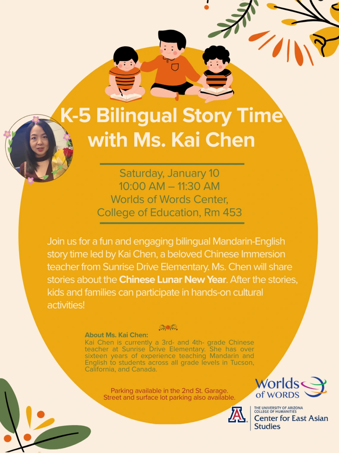Flyer displaying information about the Bilingual Story Time event with Ms. Kai Chen