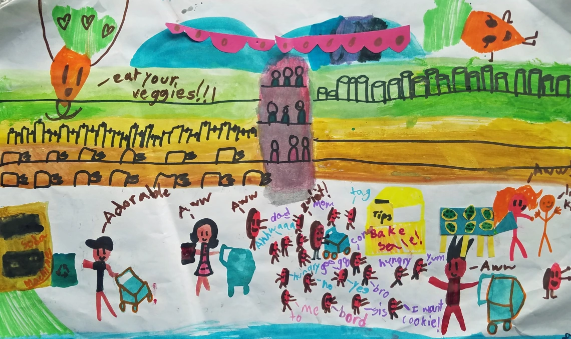 Seema titled her story “The Trip to the Market” and used watercolors for the background, carts, and parents, and markers for the children and some other people, buildings, writing, and vegetables