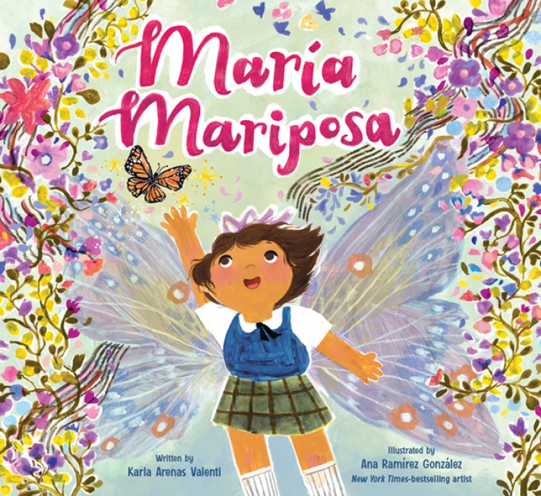 A girl with butterfly wings standing in a flower garden 