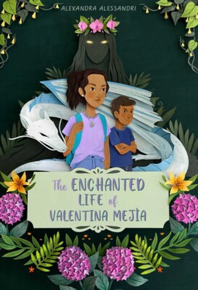A young girl and young boy stand together among plants as a white dragon curls around them.