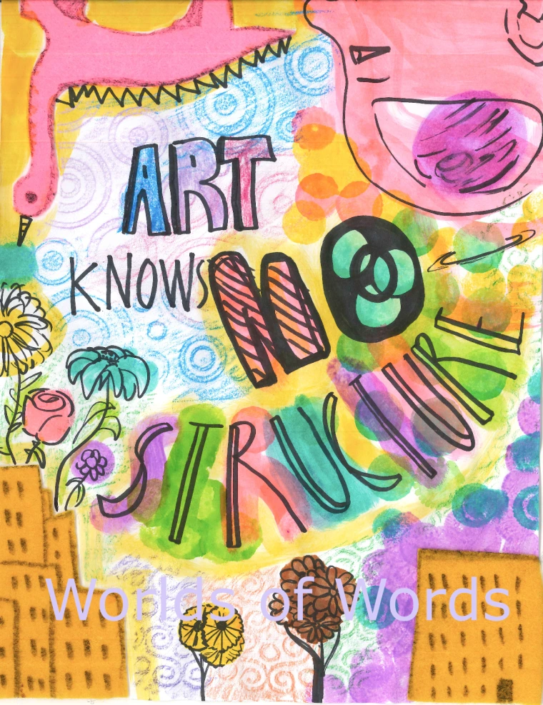 Brightly colored whimsical image made with paint, texture plates and felt.