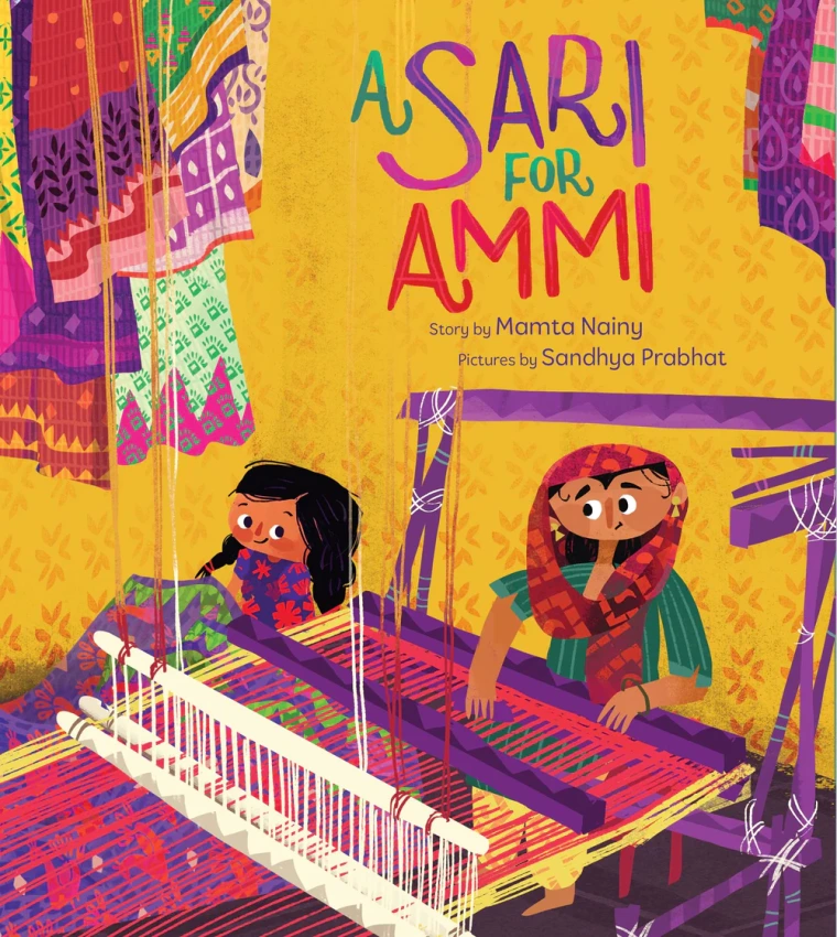 A young girl watches her mother weave a sari on a loom.