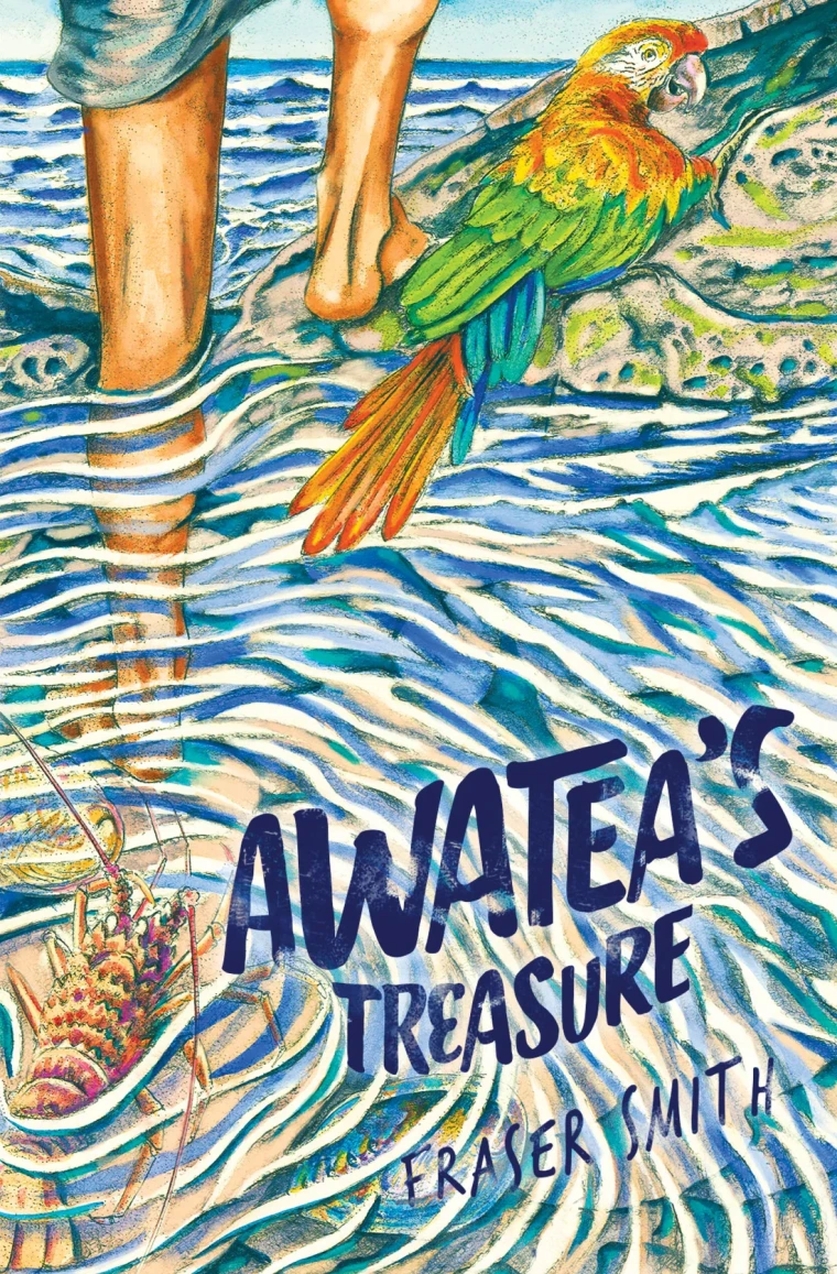 Close up of a person's legs as they walk through the ocean. A parrot is perched on the rocks next to them.