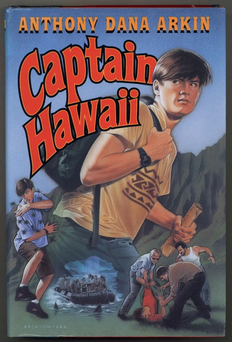A young boy with a backback holds a treasure map. Overlaid are small images of him jupming, a ship in the water, and guards throwing him to the ground.