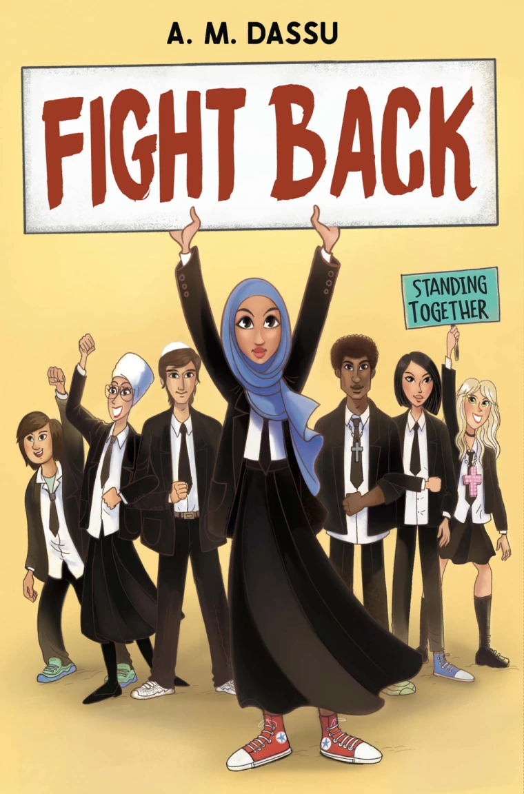 A Muslim girl in a school uniform holds up a sign that says "Fight Back"