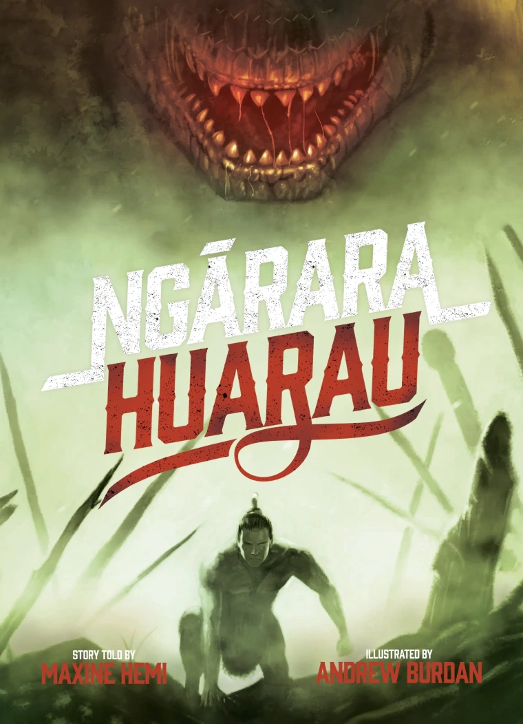 The mouth of a giant monster looms over a young man.