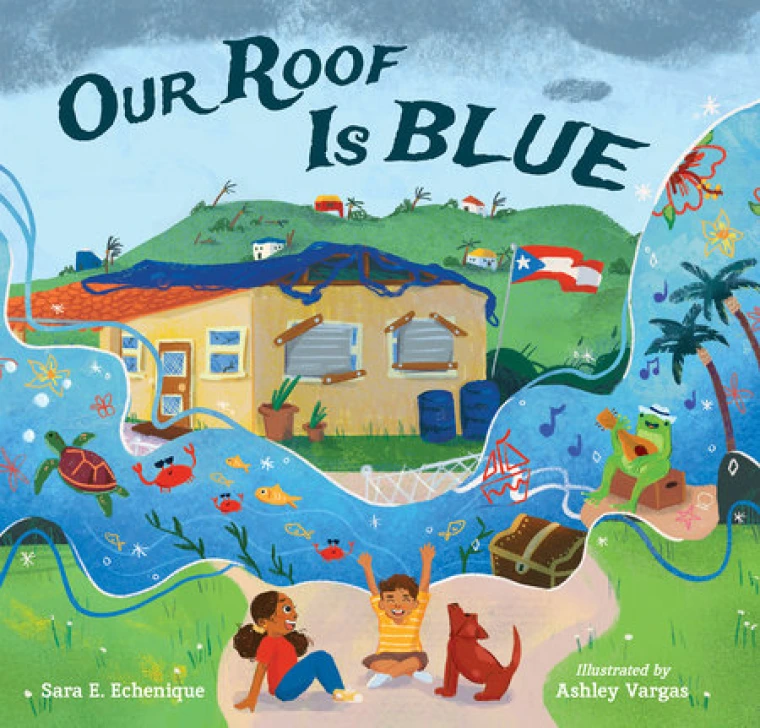 Two siblings sit on the ground before their battered home imagining a cheerful ocean.